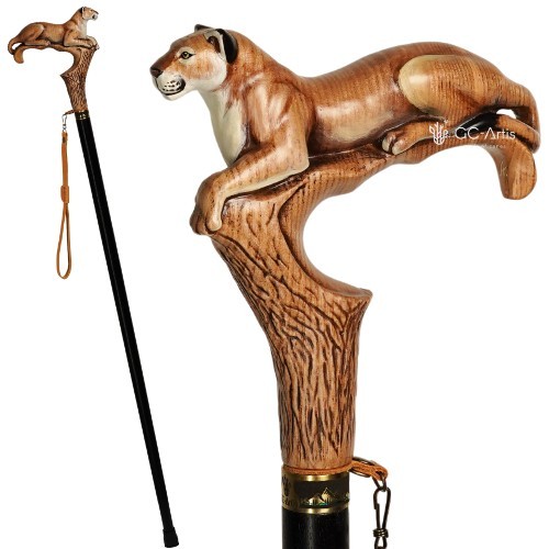 Luxury Walking Stick Cane Light Wood, Hand Carved Cougar Walking Cane