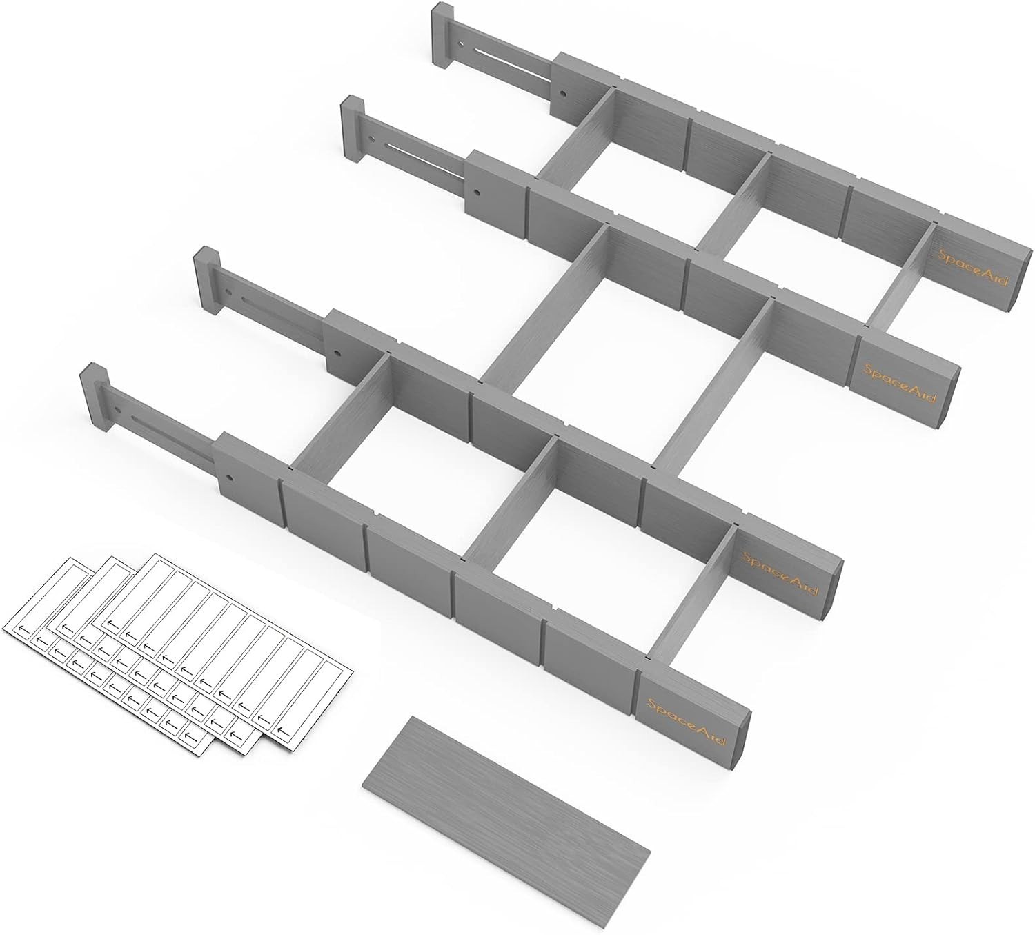 4Pc Adjustable Bamboo Drawer Dividers w/ Inserts & Labels 17-22in Gray