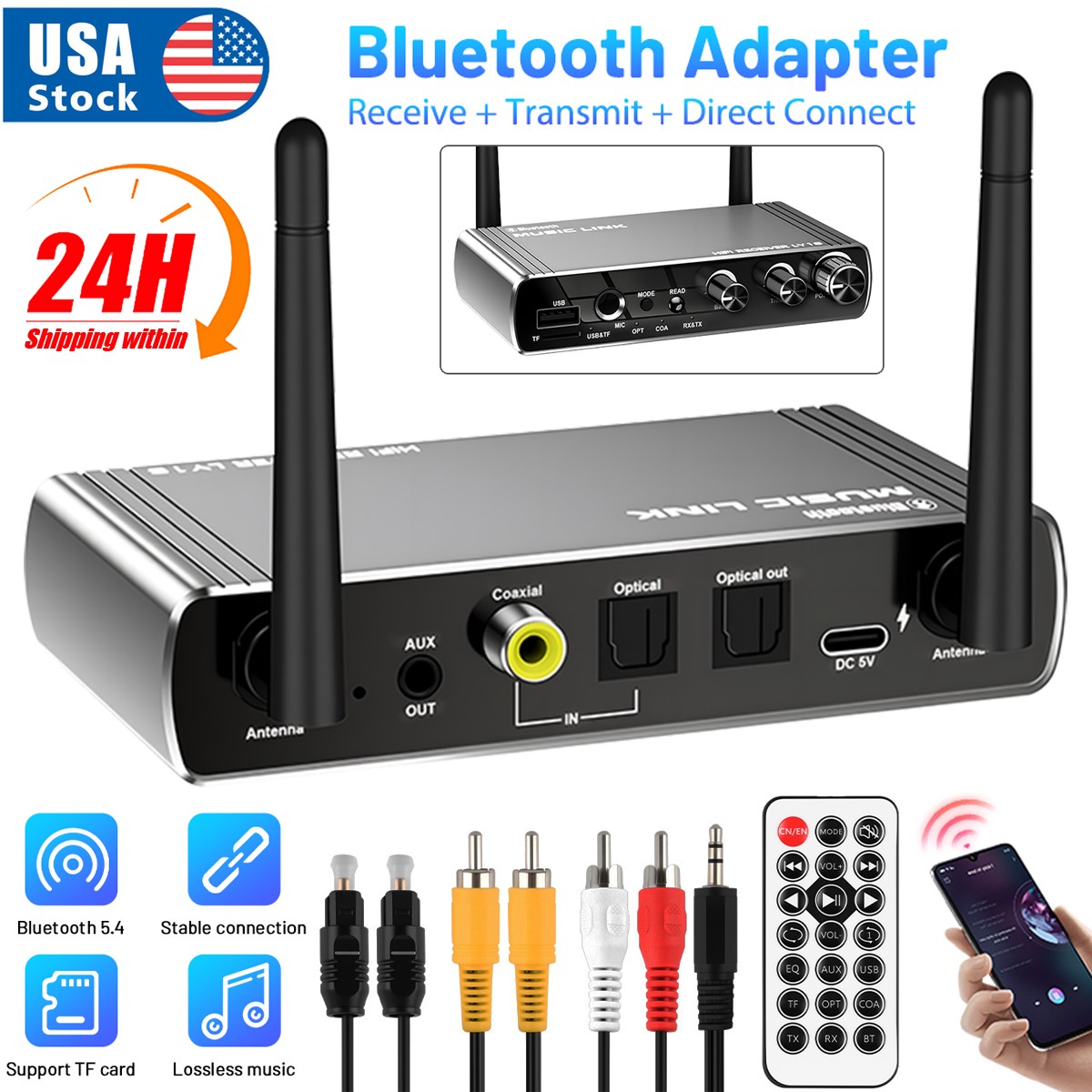 Bluetooth 5.4 Receiver Home Stereo AUX USB Optical & HD Music to RCA Adapter