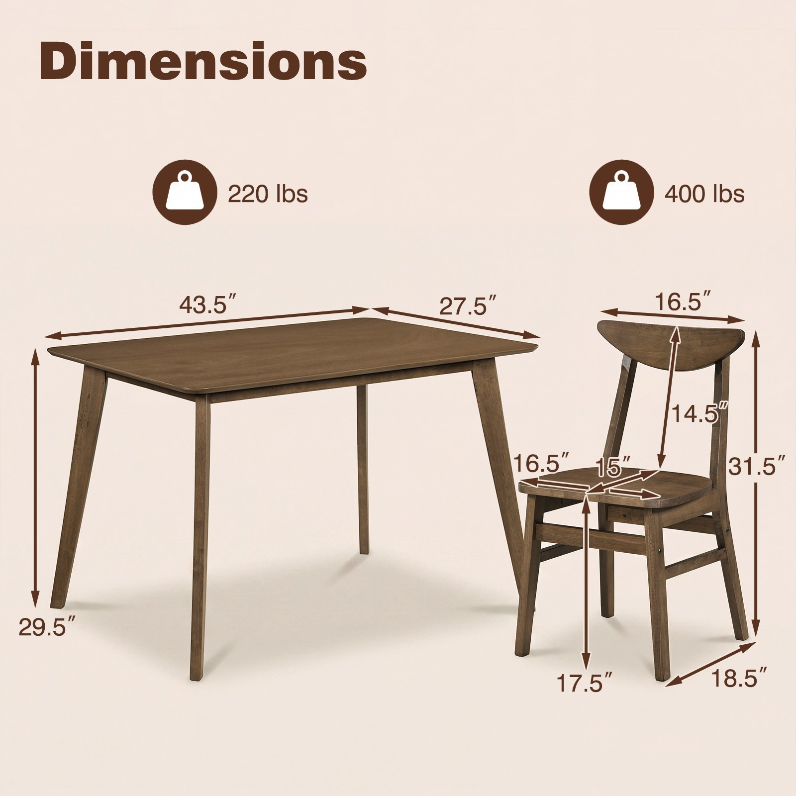 5PCS Solid Wood Dining Table Set, Mid Century Kitchen Table and Chairs Set for 4