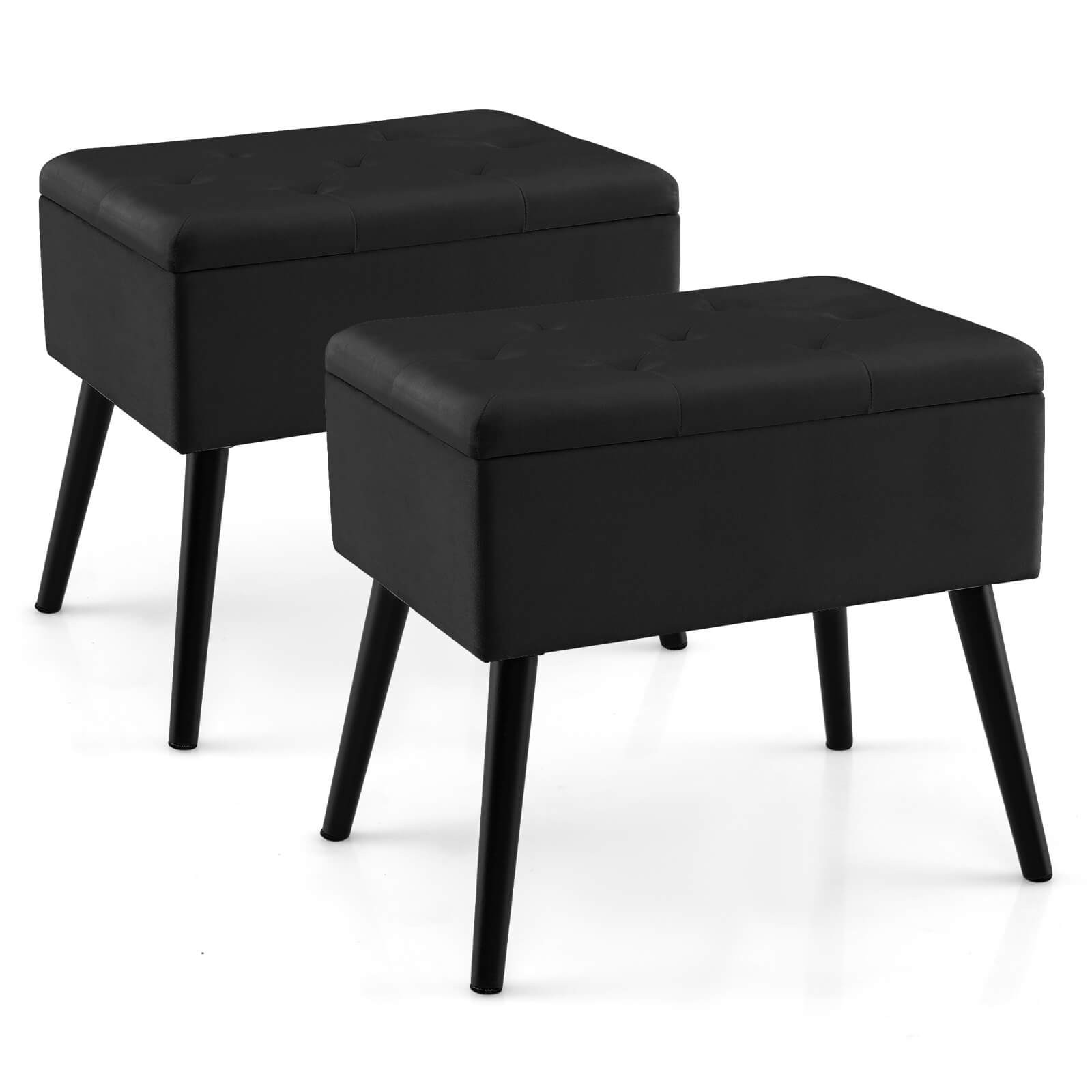 2PCS Velvet Vanity Stools w/ Storage Solid Wood Legs Flip-Up Top for Entryway