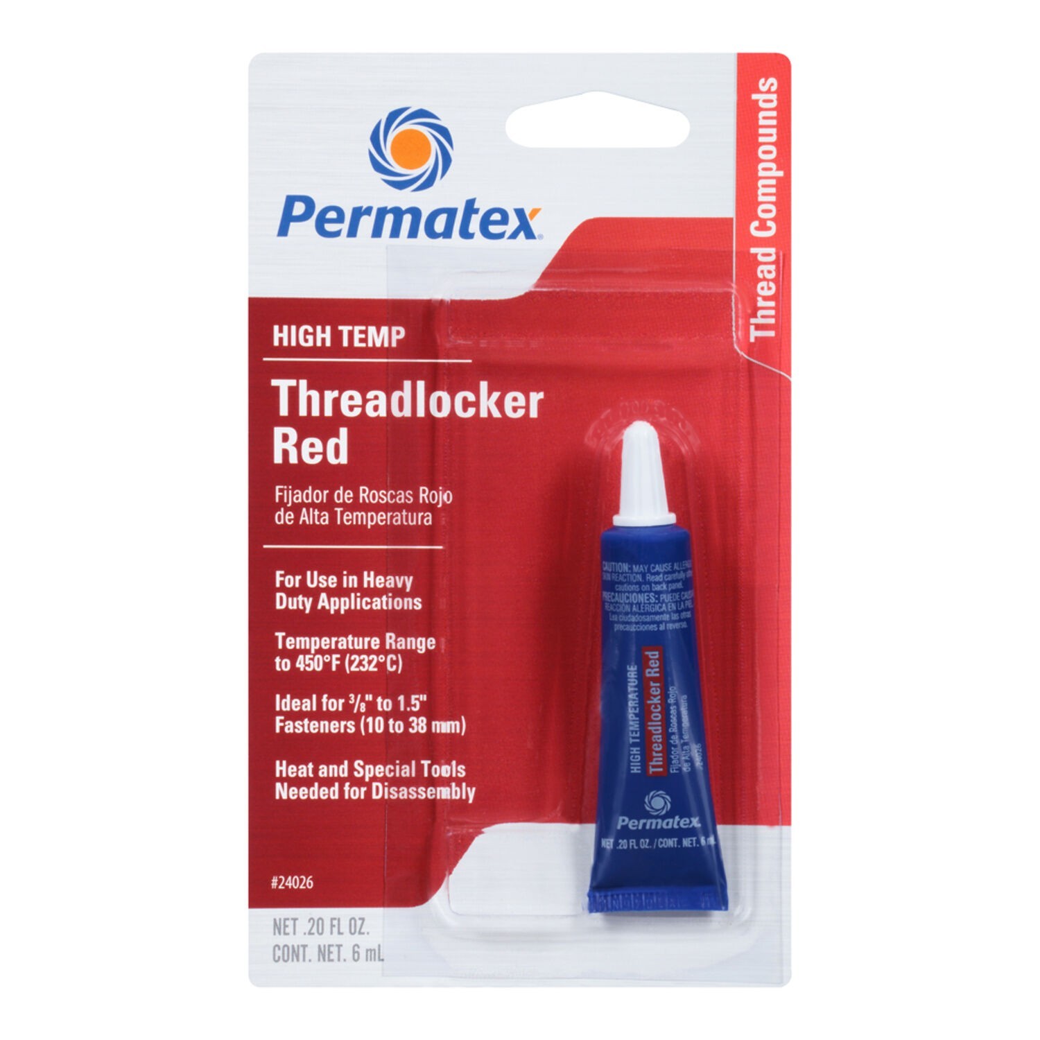 Permatex 24026 High Temperature Threadlocker Red, 6 ml, Pack of 1