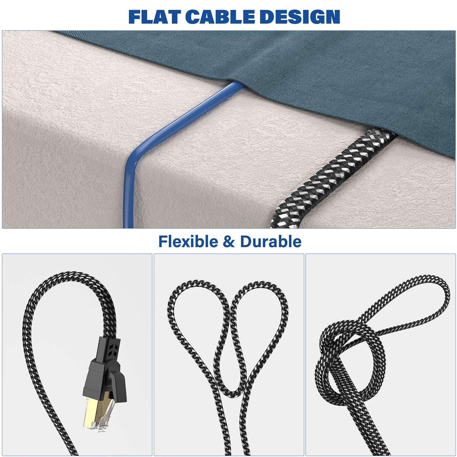50ft Nylon Braided Ethernet Cable 40Gbps SFTP Shielded Flat for Gaming/PC