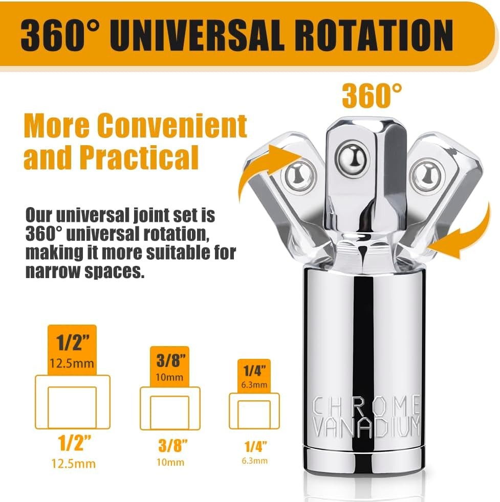 3PCS Universal Joint Socket Set, 1/4” 3/8” 1/2” Drive Swivel Socket Adapter Set,