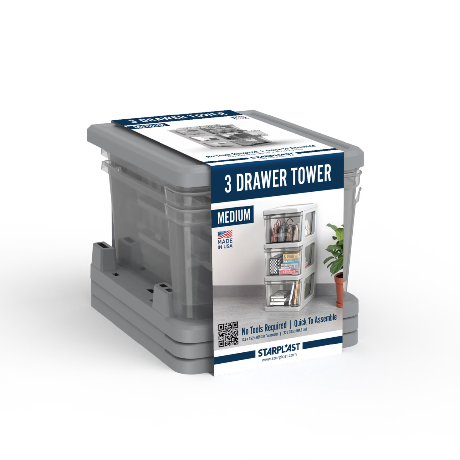 Starplast 3-Drawer Organization Tower Medium Storage Cart, Silver Plastic, 2 PK