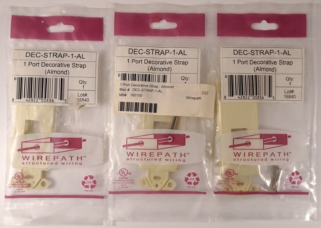 3 Pc. Lot Of Wirepath DEC-STRAP-1-AL, 1 Port Decorative Straps In Almond, NEW