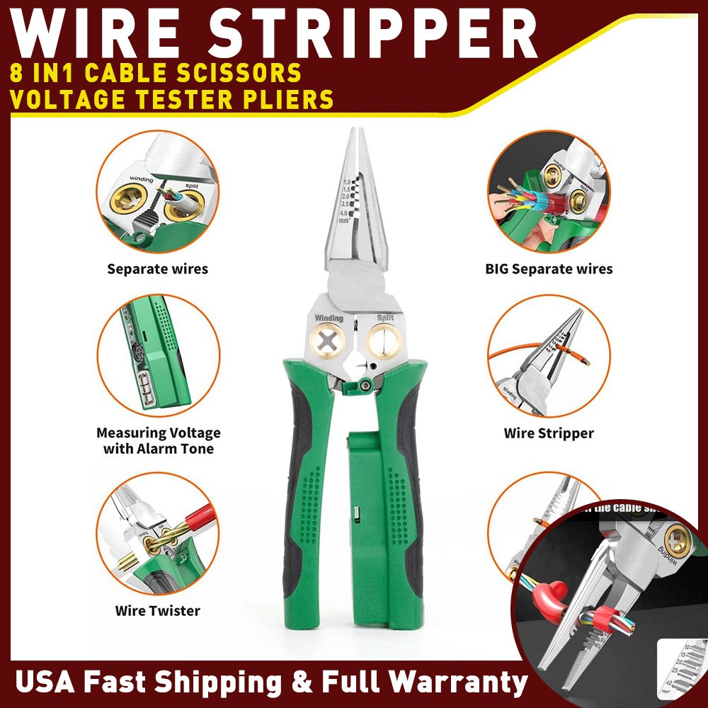 8-In-1 Wire Stripper Twister Set Includes Cable Scissors Voltage Tester Pliers