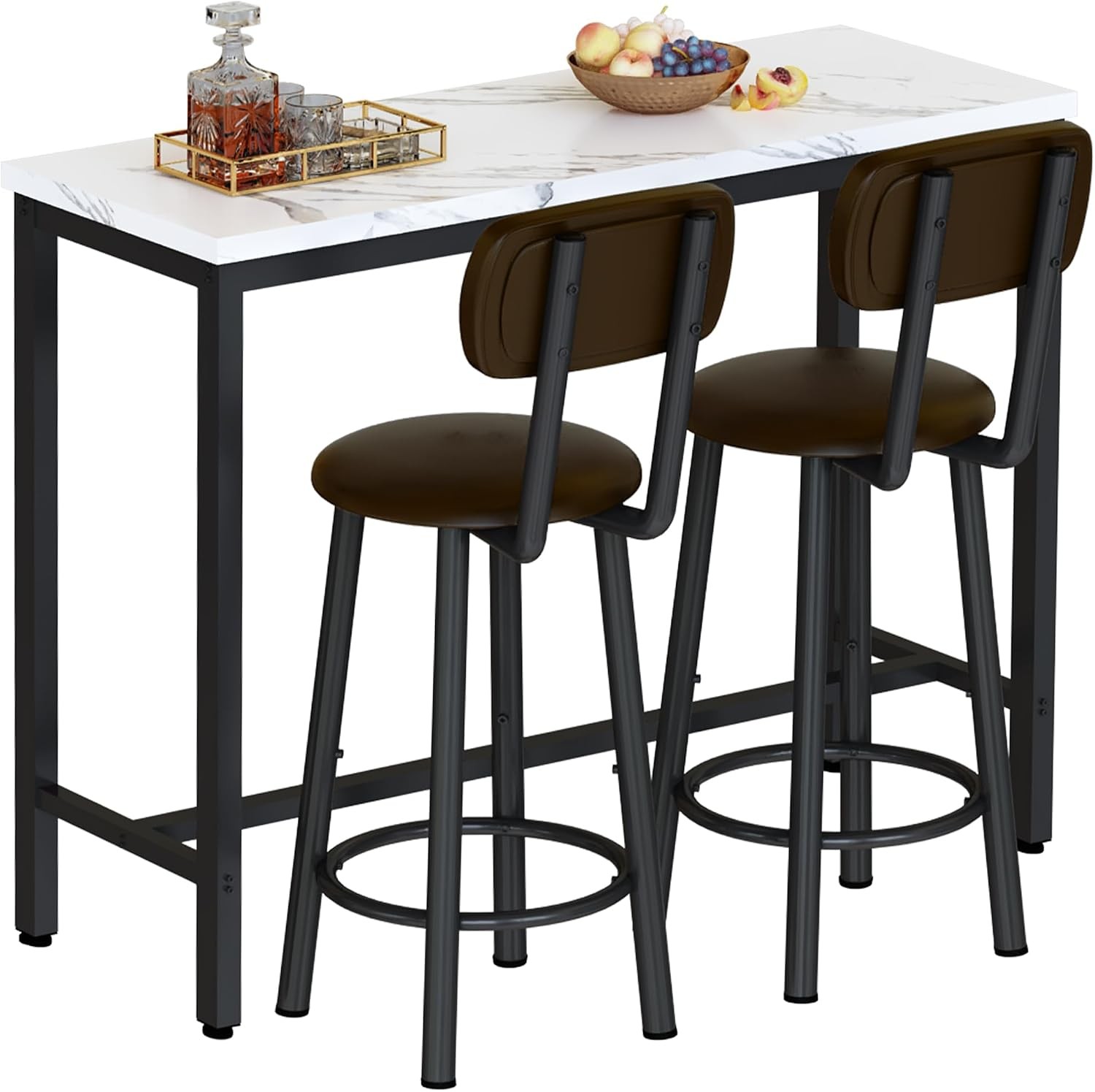 3 Piece Bar Table Set of 2,39.3" Pub Bar Table and Chairs Set,Faux Marble Bar