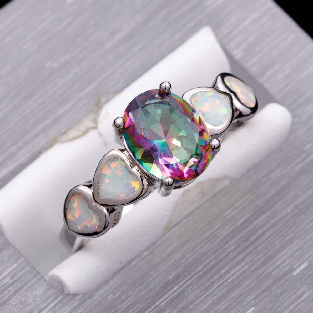 7x9 Oval Rainbow Mystic Topaz White Fire Opal Silver Jewelry Women Ring SZ 7 8 9