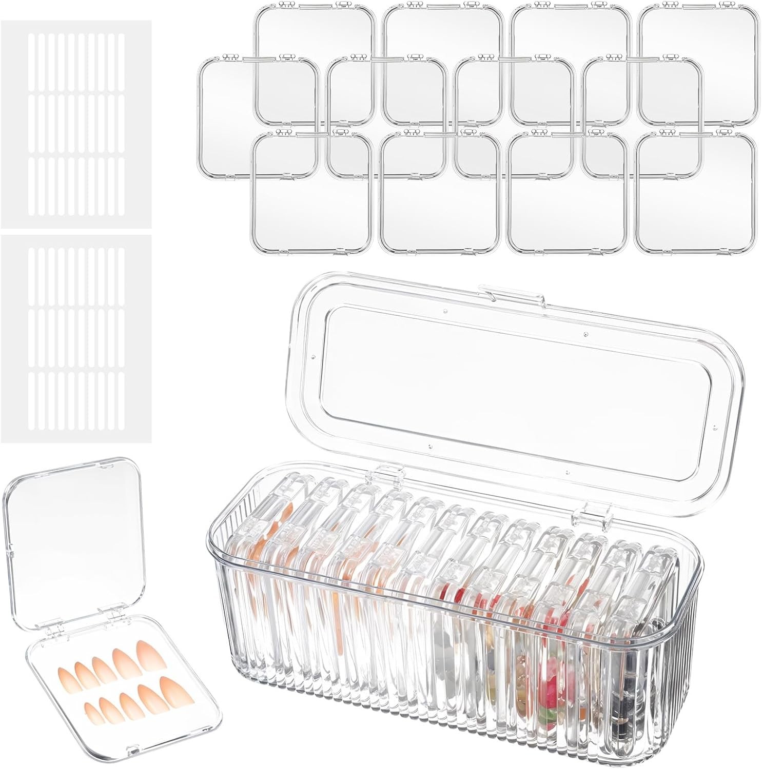 24 Pcs Clear Press On Nail Storage Box with 2 Large Organizers and 60 Adhesive