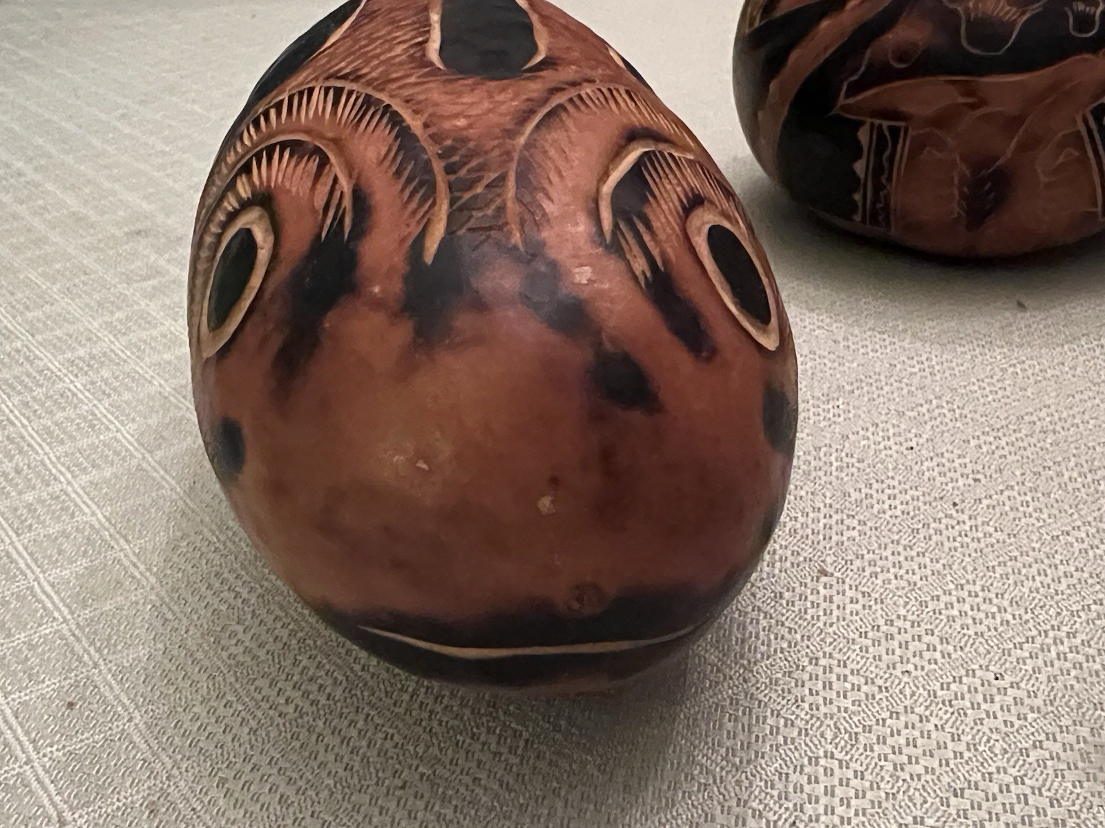3 X Hand-Carved Decorative Gourd Peru Peruvian Folk Art Woman Fish Bird 1980’s