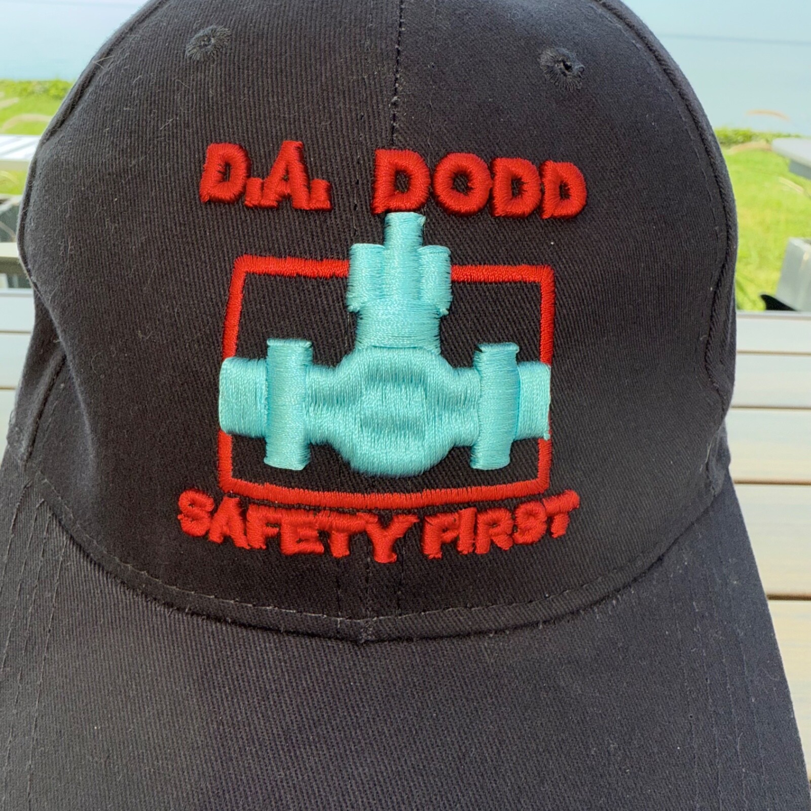 D.A. Dodd Red w Lite Blue Logo on Navy Cotton Hat Cap Hook Loop Safety First