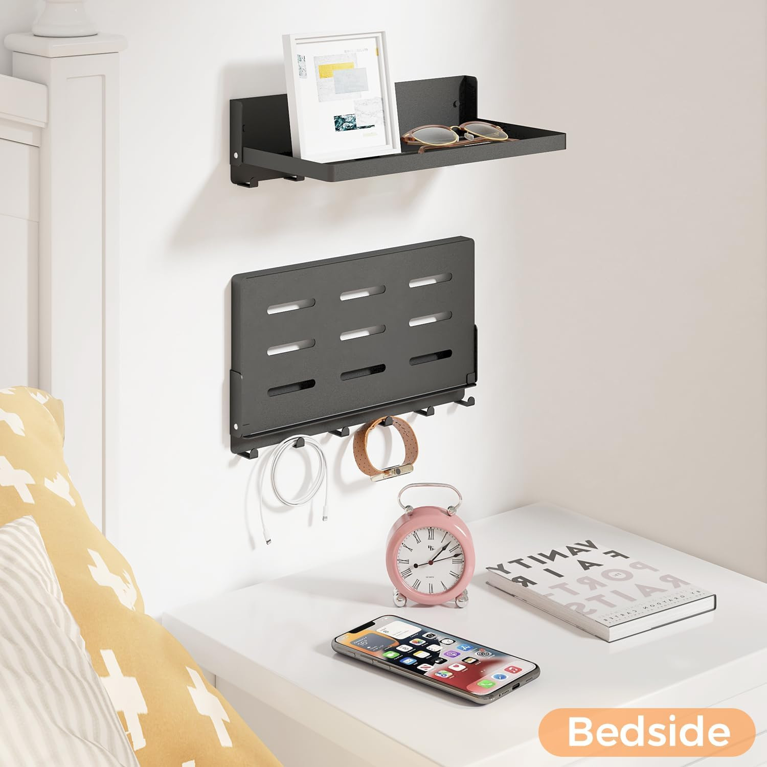 Small Folding Metal Shelf with Hooks, Fold-Up Wall Shelf, 6 Hooks, Drop down Flo