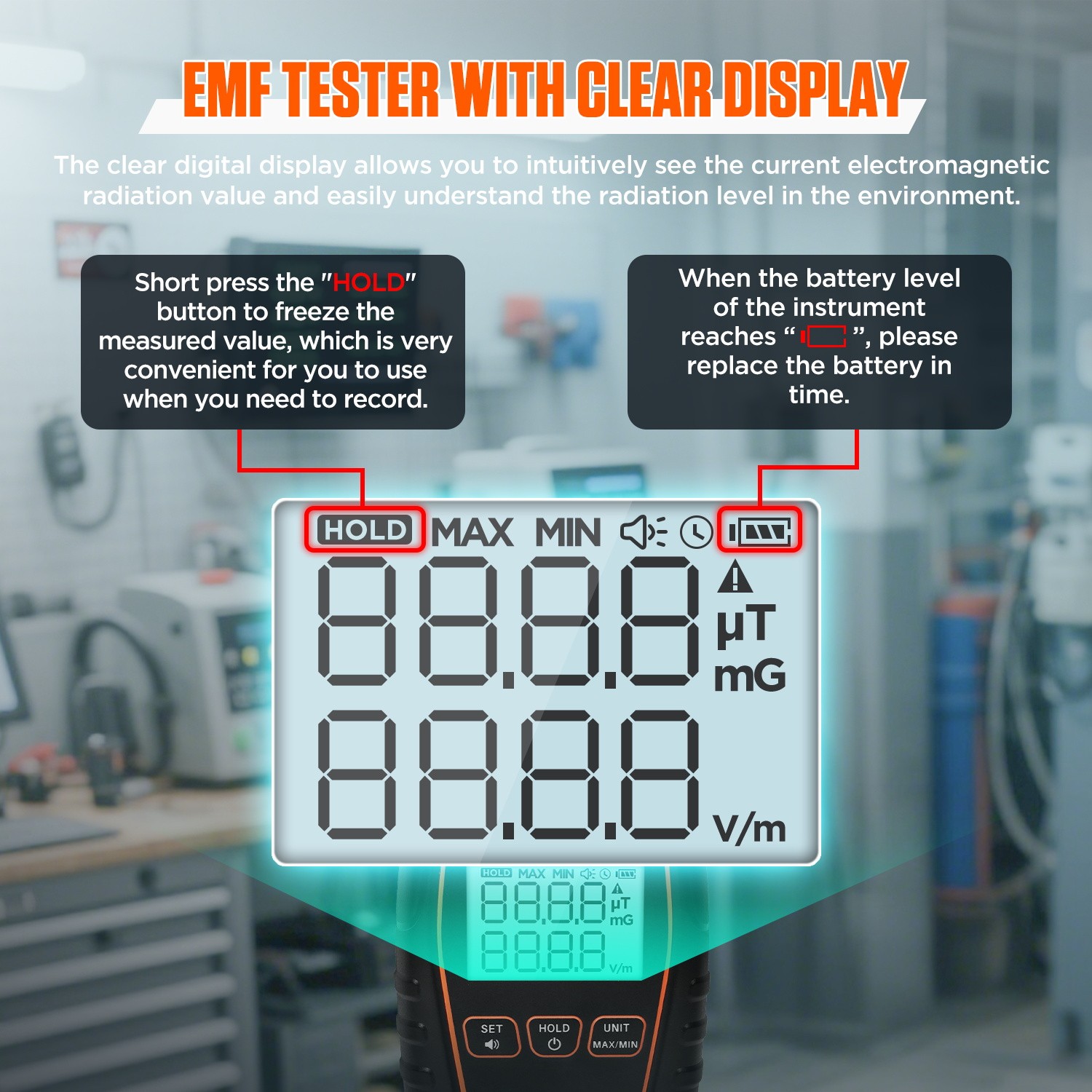 Electromagnetic Field Radiation Detector Digital EMF Meter W/ Sound-Light Alarm