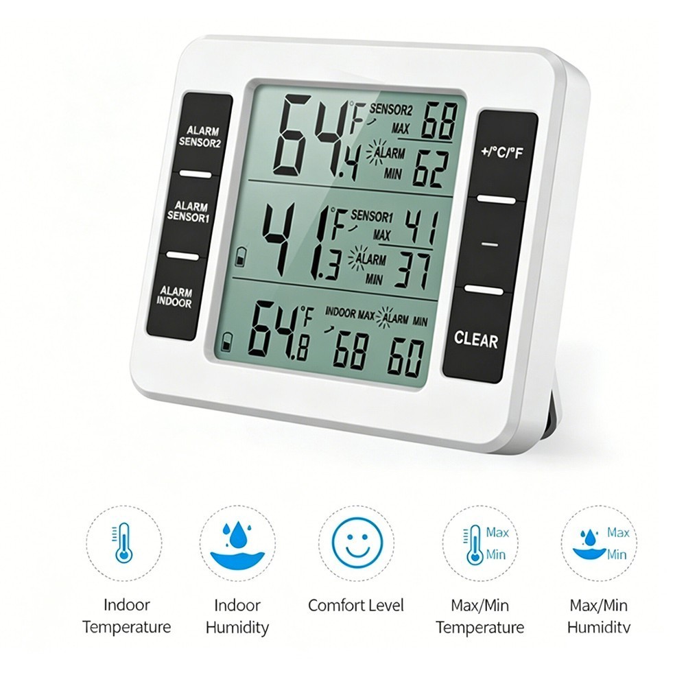 Wireless Digital Refrigerator Freezer Thermometer Temp Alarm Dual Sensor NEW