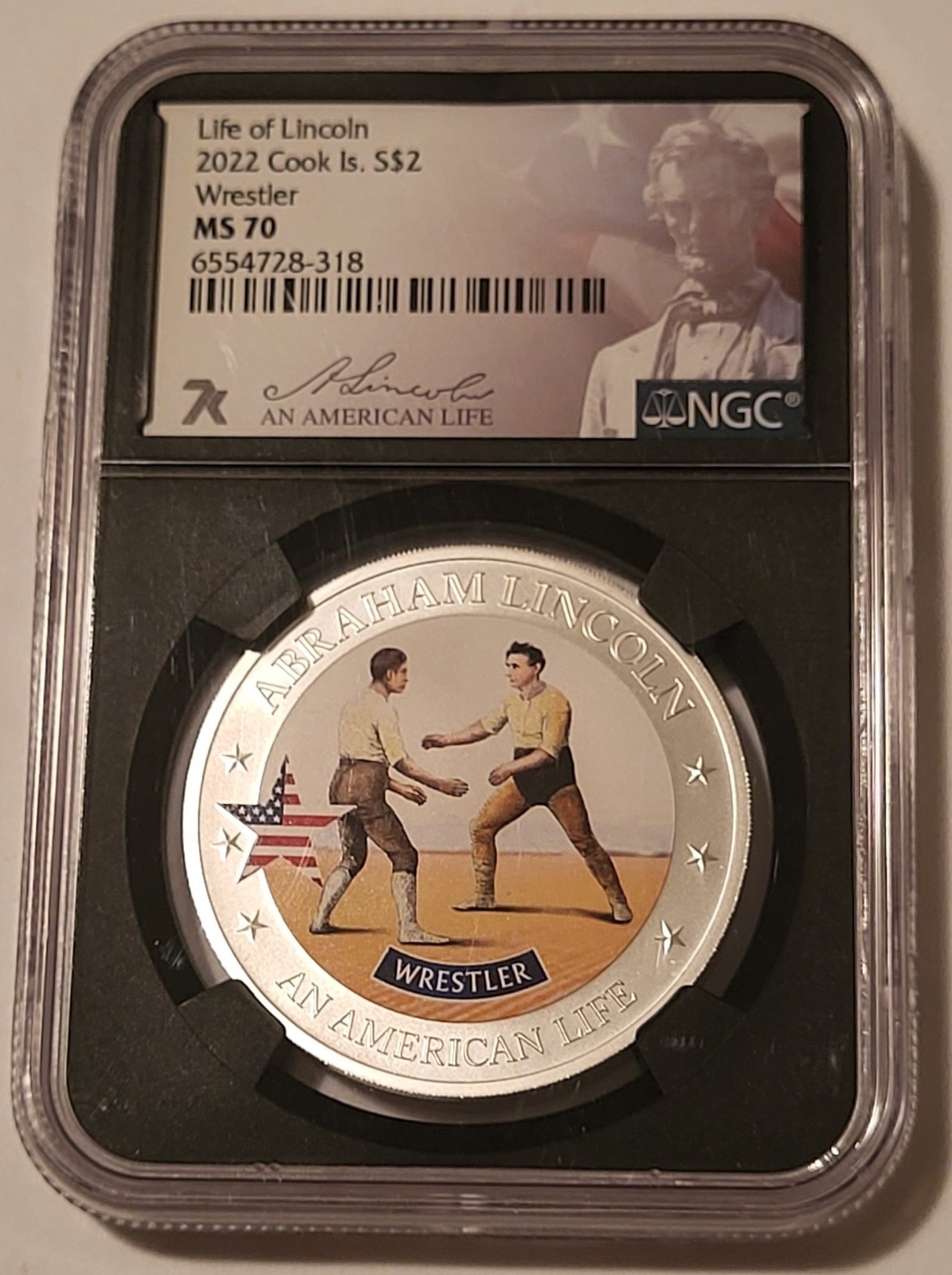 Cook Islands 2022 1/2 oz Silver $2 Abe Lincoln Wrestler MS70 NGC Low Mint