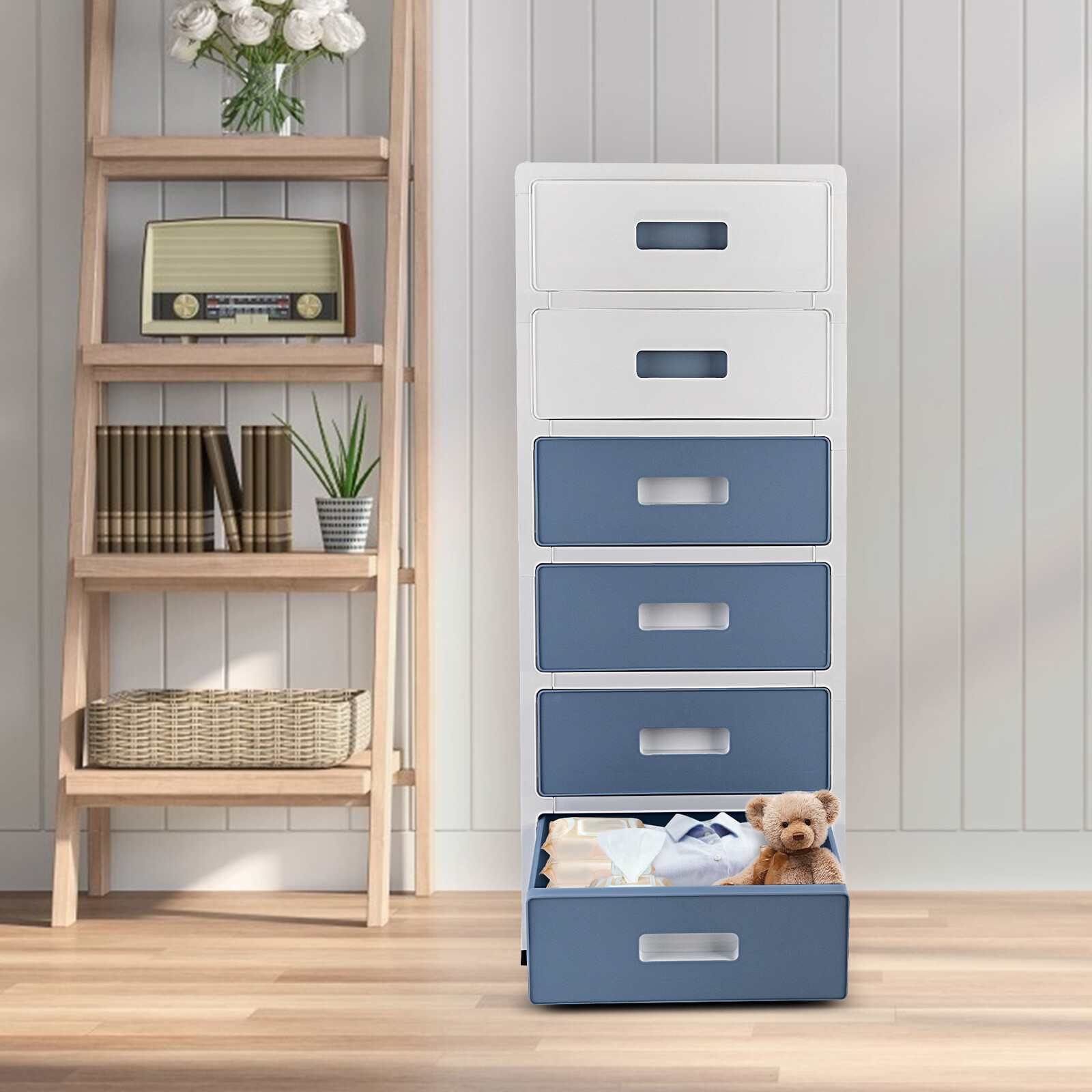 33in Blue White 6-Drawer Organizer, Household/Office Storage Cabinet Drawer Type