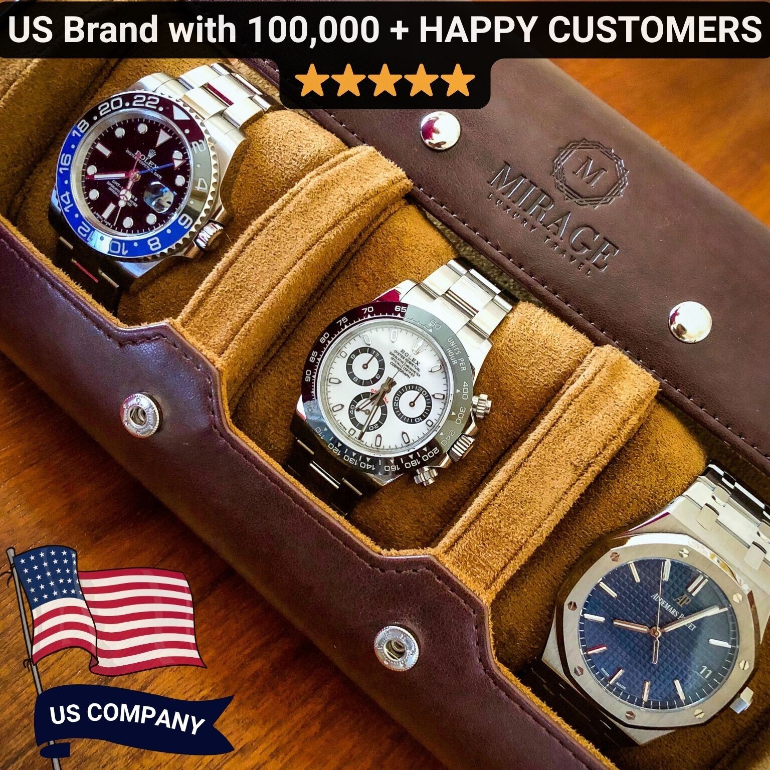 Leather Watch Roll Travel Case for Men Vegan Leather Watch Case 1-6 Watches
