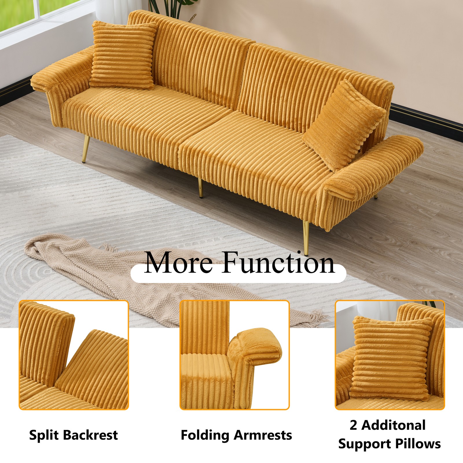 79 inch corduroy sofa bed, foldable double sofa bed with folding armrests, sui