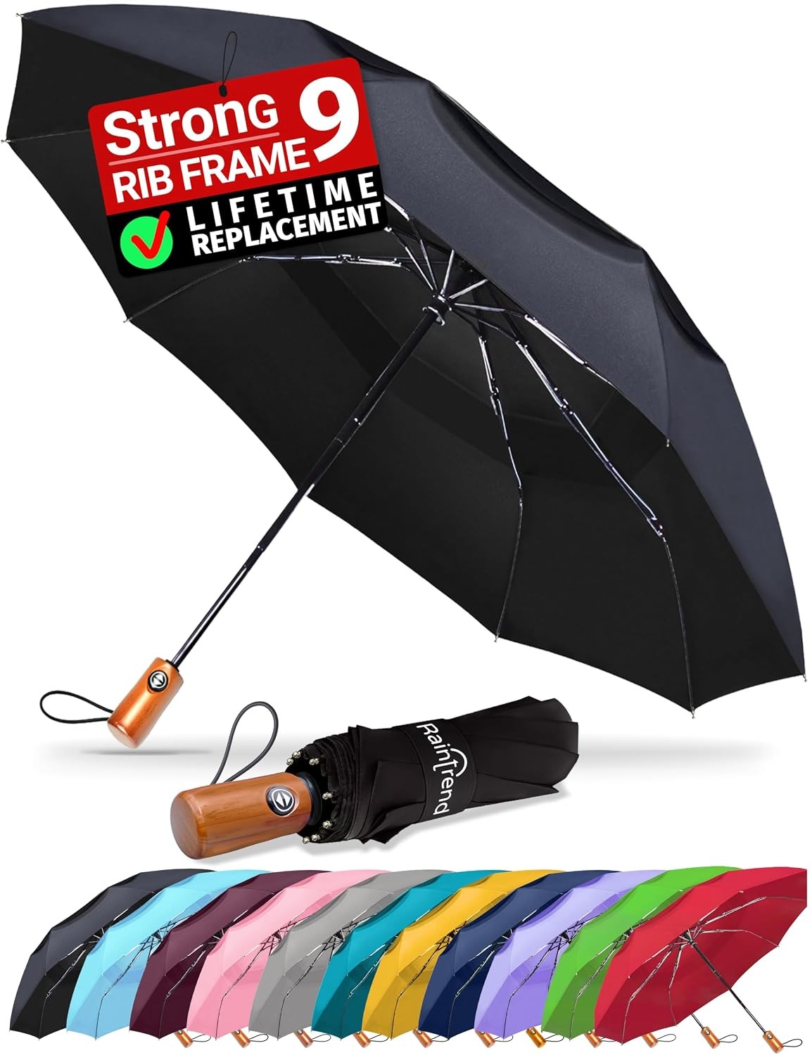 Windproof Automatic Travel Umbrella Black Brown Strong Frame +10% Bigger Canopy