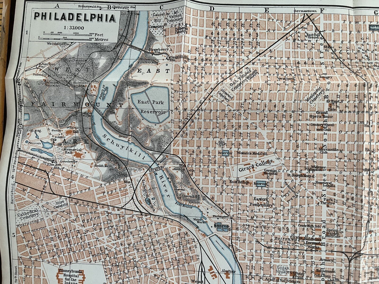 Vintage America 1909 Karl Baedeker Traveling Folding Road Map Philadelphia,PA