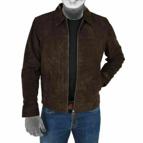 Trendy Men's Stylish Brown Suede Leather Motorbike Jacket Shirt Collar Soft Coat