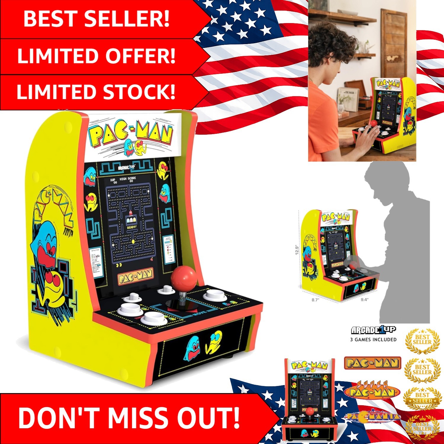Arcade1Up PAC-MAN Countercade: Portable Mini Arcade with 3 Classics & 7" Screen
