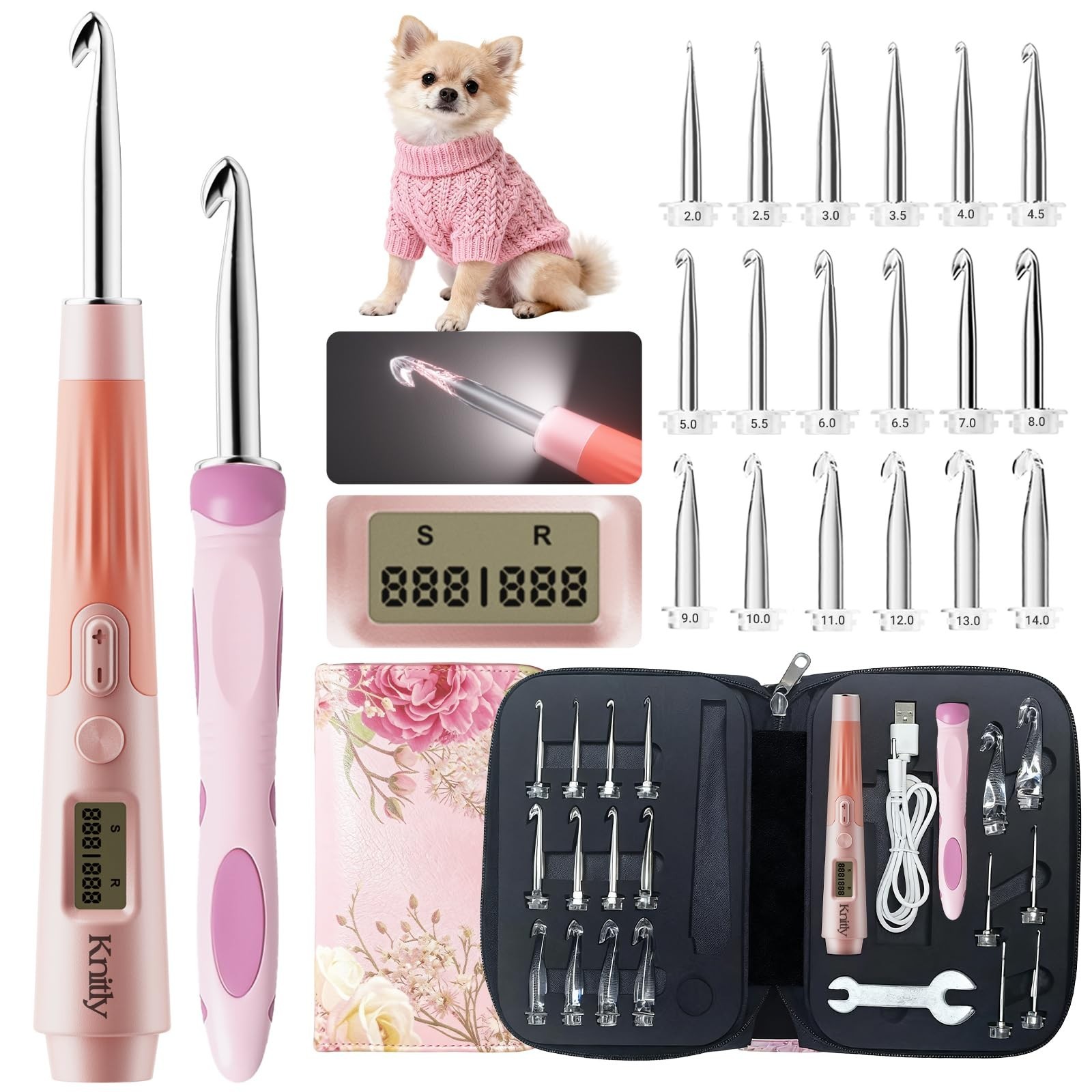 Light Up Crochet Hooks Set with Digital Counter, 18 Sizes 2.0-14.0mm, Ergonomic