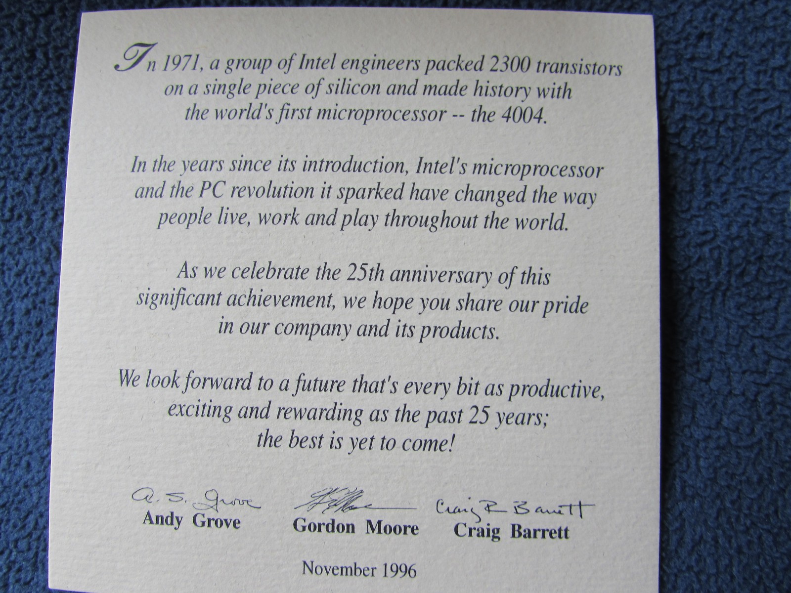 Intel 4004 First Microprocessor Anniversary Clock 1996 Gordon Moore SIGNED CARD