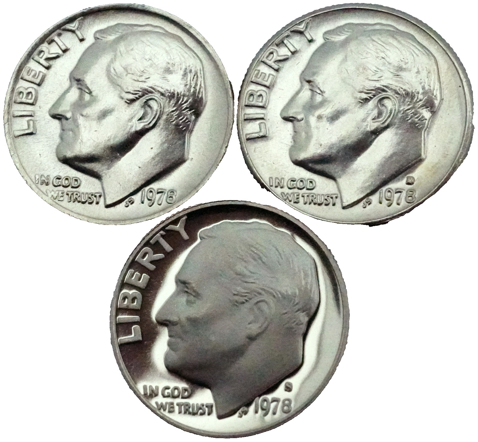 1978 P D S Roosevelt Dime PDS Year Set BU & Proof Lot of 3 Coins