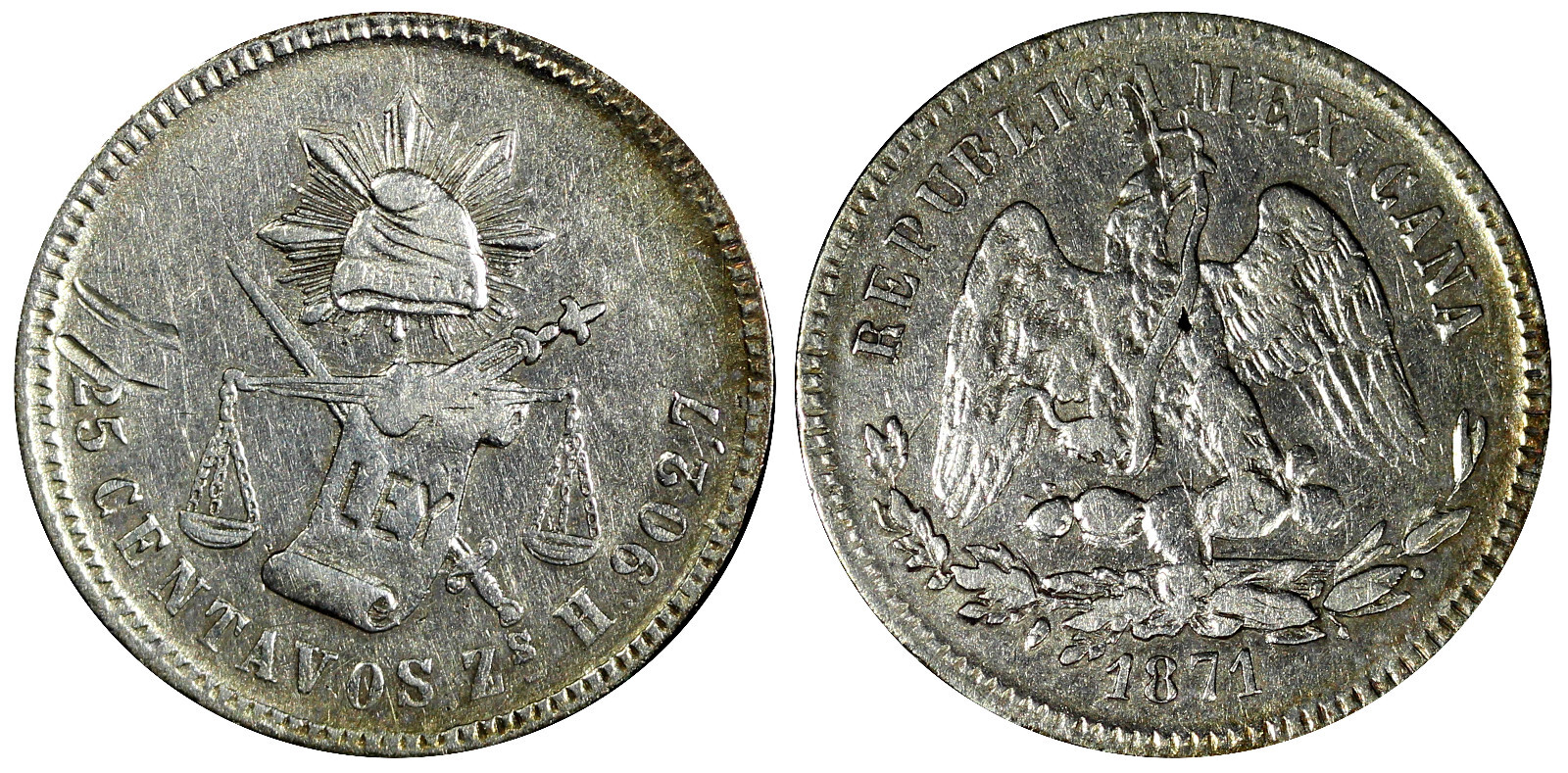 MEXICO Silver 1871 ZS H 25 Centavos Zacatecas Mint-250,000 SCARCE KM#406.9 (108)