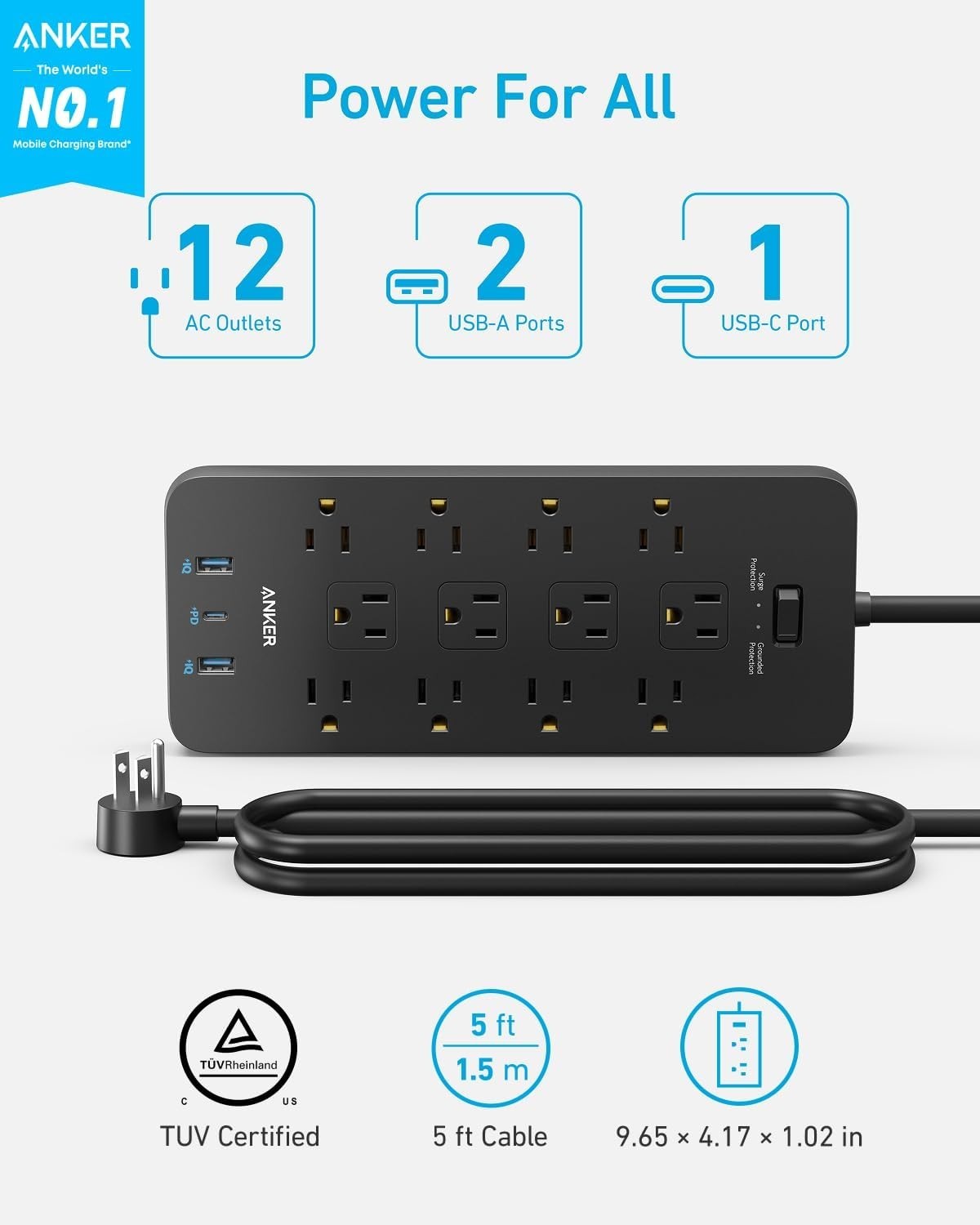 12 Outlets Power Strip USB C Charger Surge Protector (2100J) Flat Plug 5ft