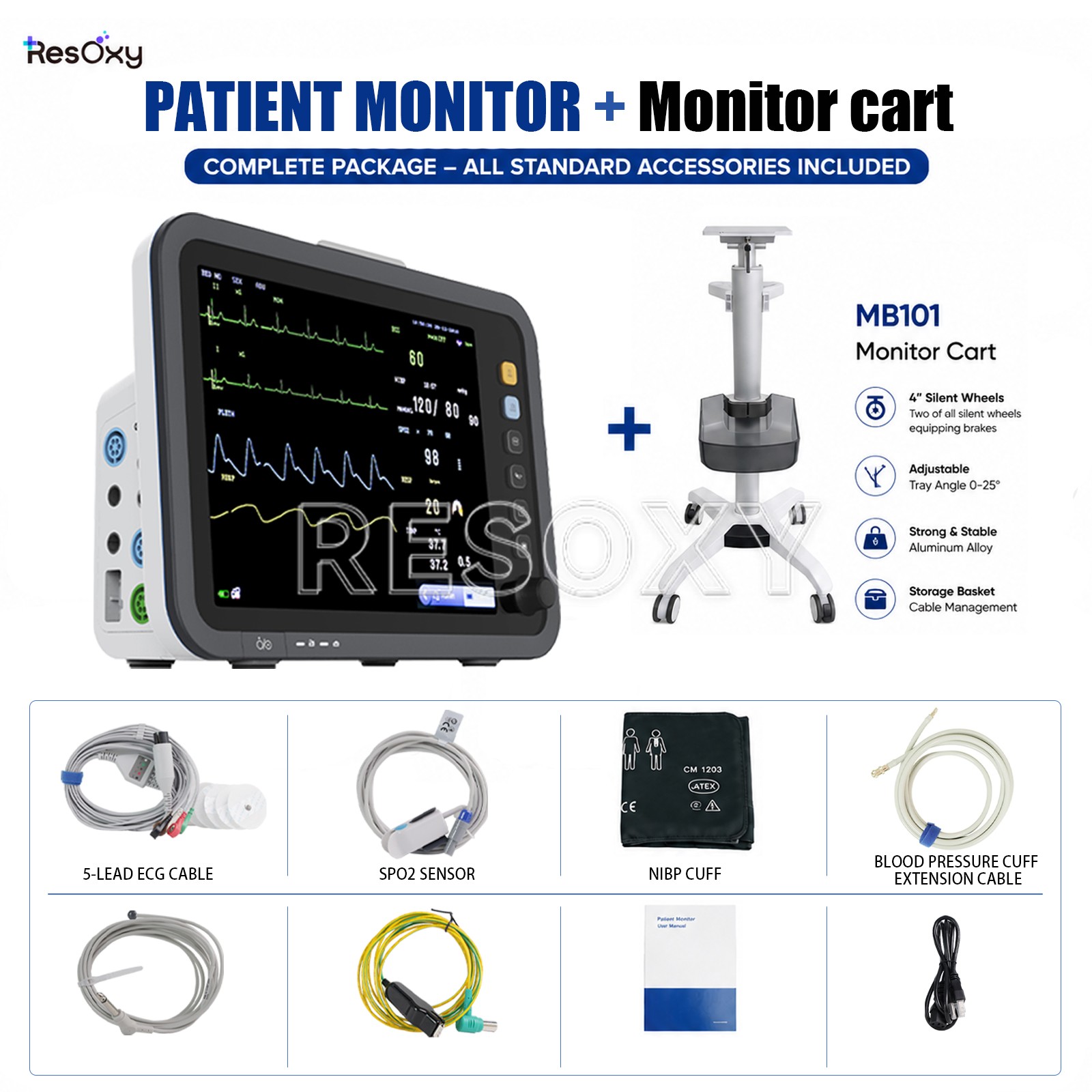 12" Patient Monitor ECG NIBP TEMP RESP SpO2 PR Central Monitoring/Monitor Cart