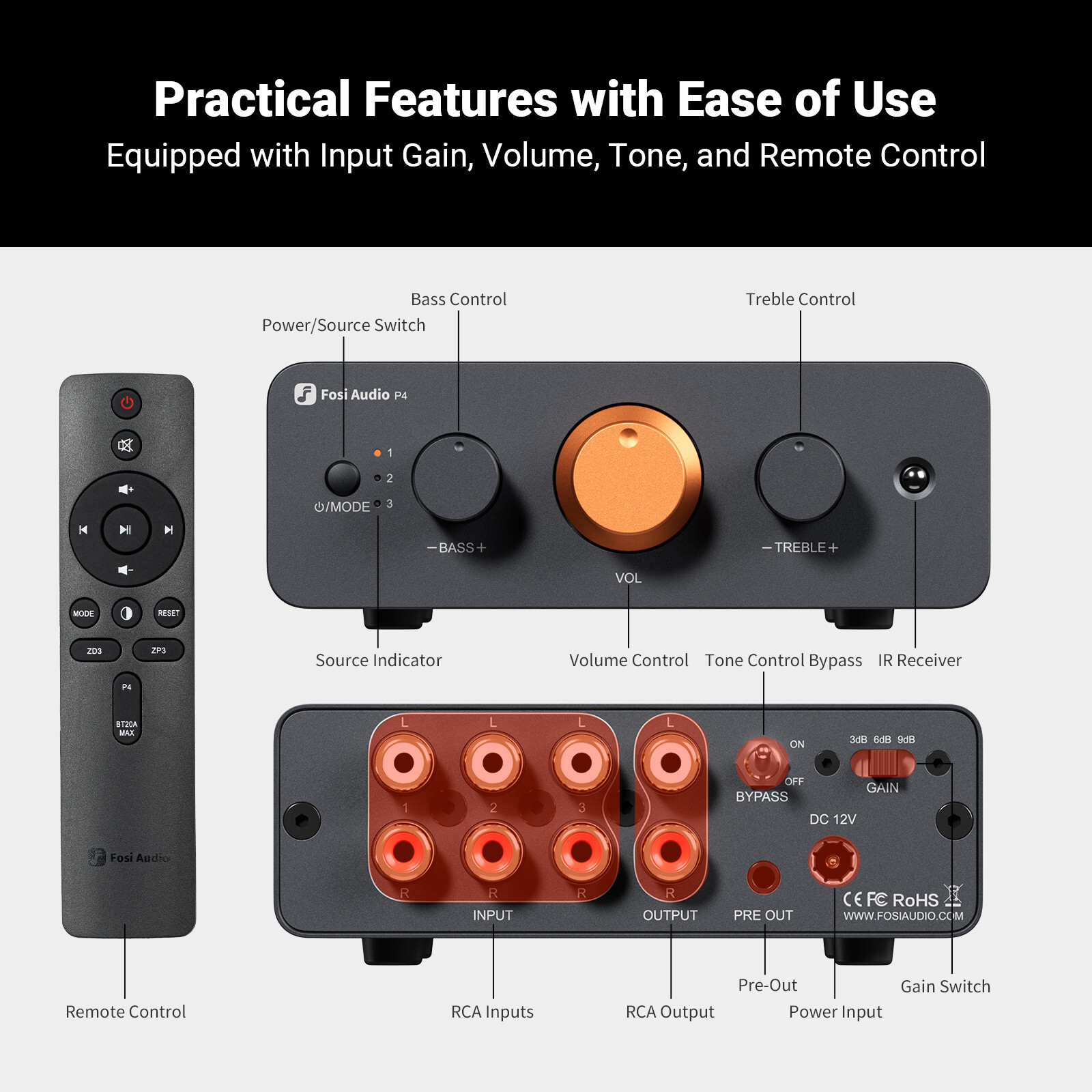 Fosi Audio P4 Mini Preamplifier 3 Inputs Gain Bass&Treble Control (Refurbished)