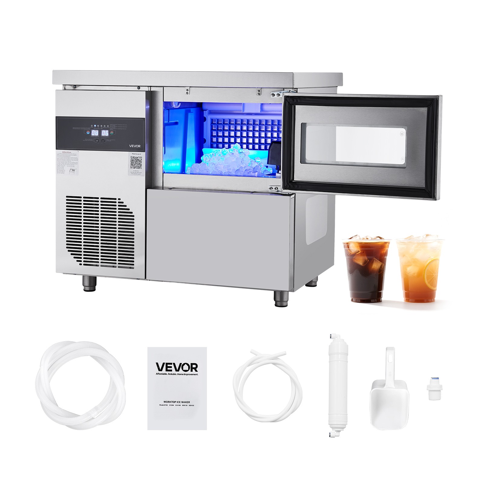 VEVOR Commercial Ice Maker Freestanding Worktop Ice Machine 132 lbs/24H 70 Cubes