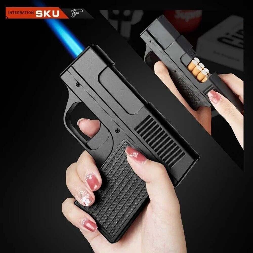 2x CIGARETTE STORAGE Jet Flame Lighter Gun/Pistol Cigar Case Butane Pipe BBQ