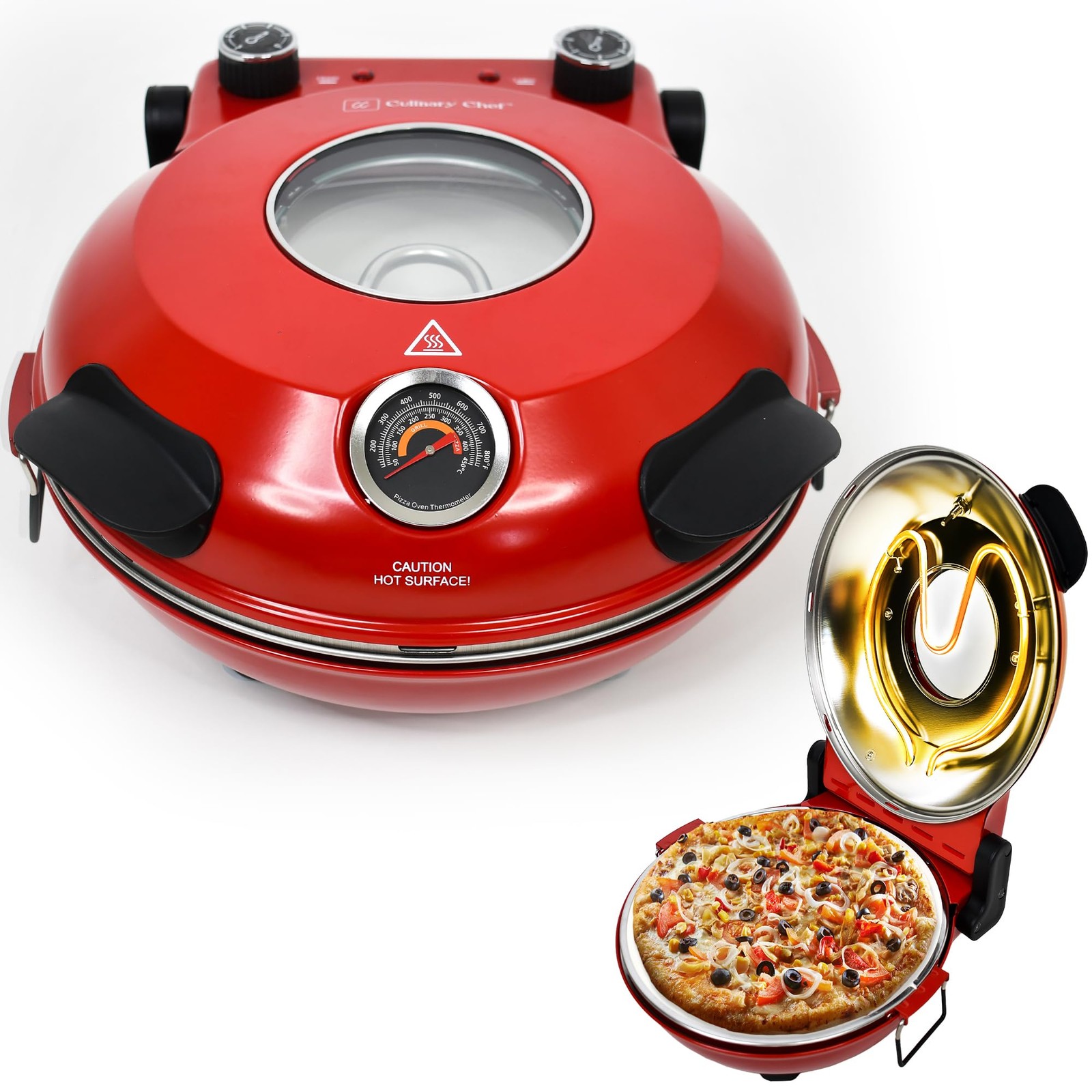 CULINARY CHEF Electric Pizza Oven with Ceramic Stone, Viewing Window, Adjustable