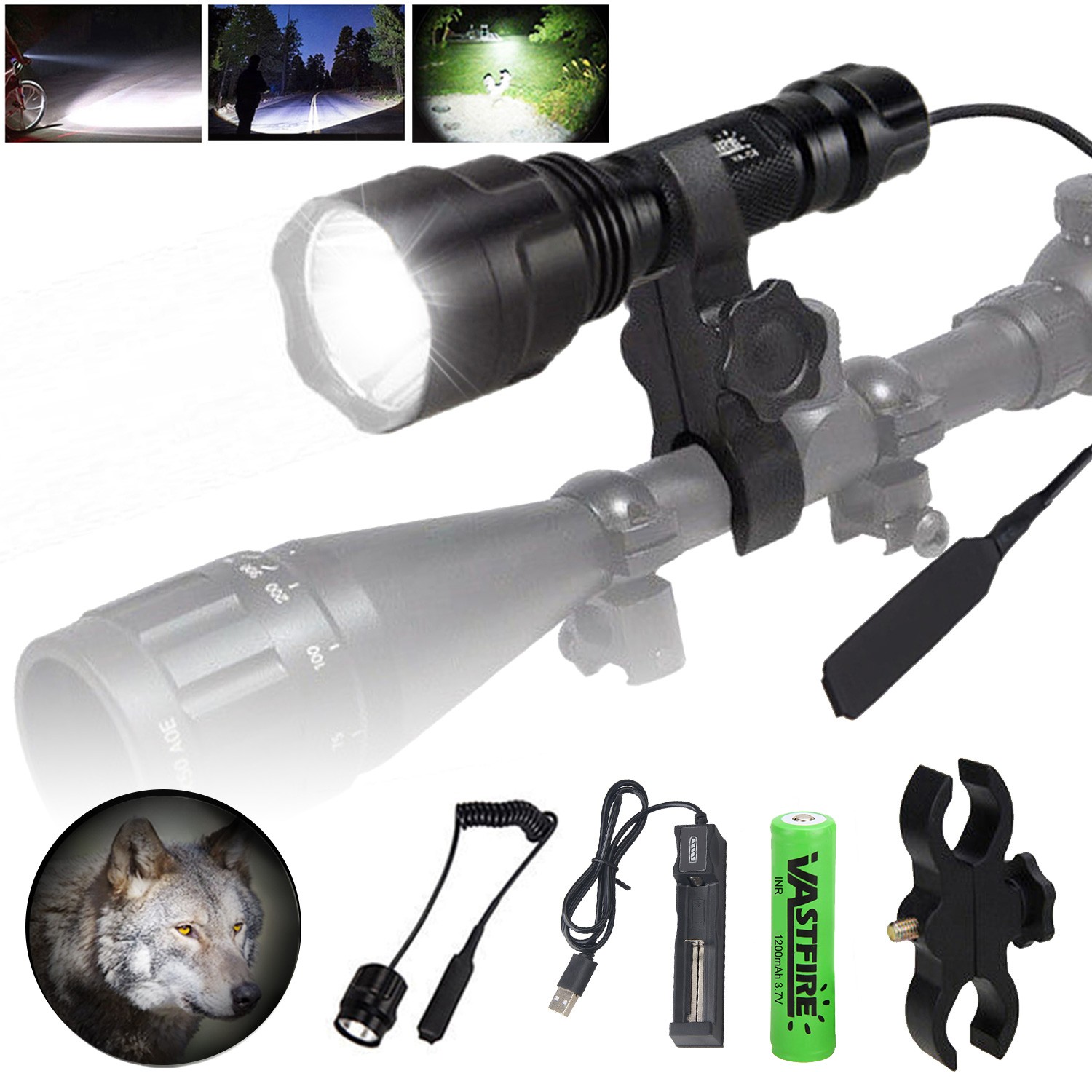 10000LM Mounted Light Hunting LED Flashlight Torch Rechargeable w/ Scope Mount