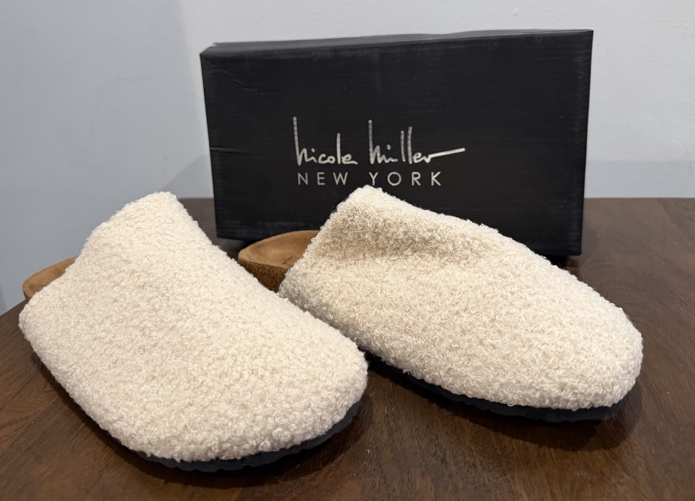 NEW Nicole Miller Bondy Faux Fur Slip-On Slippers Natural Women's Size 10