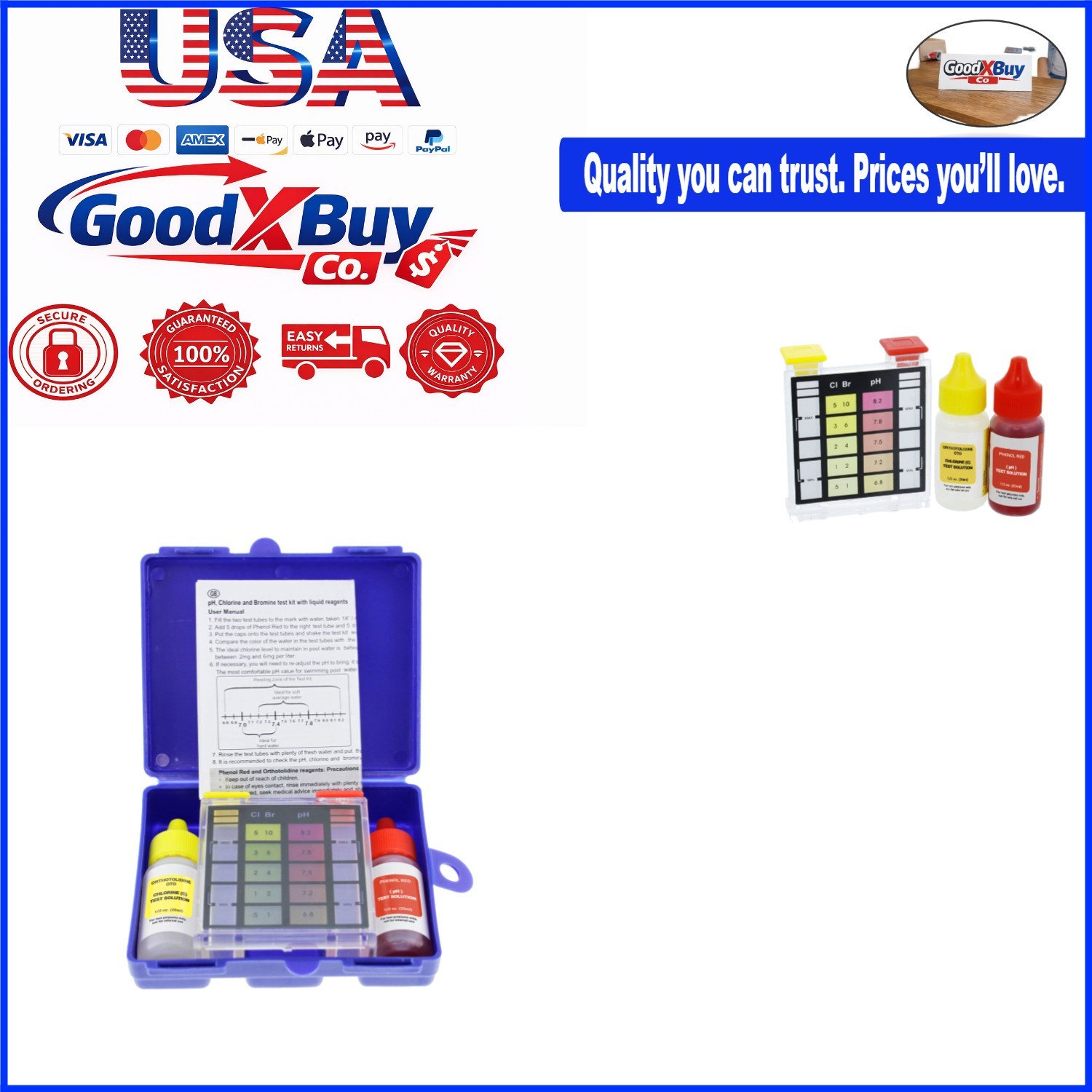 Standard 3-Way Pool Spa  Kit for pH Chlorine Bromine Water Testing - Compact,...