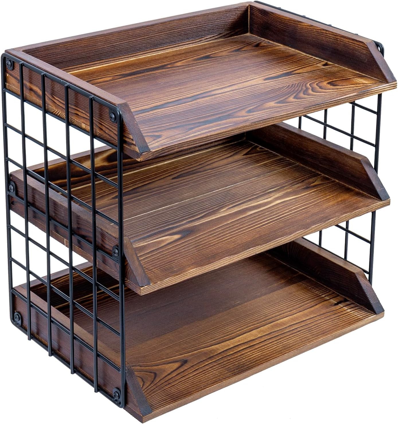 3-Tier Mesh Letter Tray Industrial Matte Black Metal Wire & Dark Burnt Wood Desk