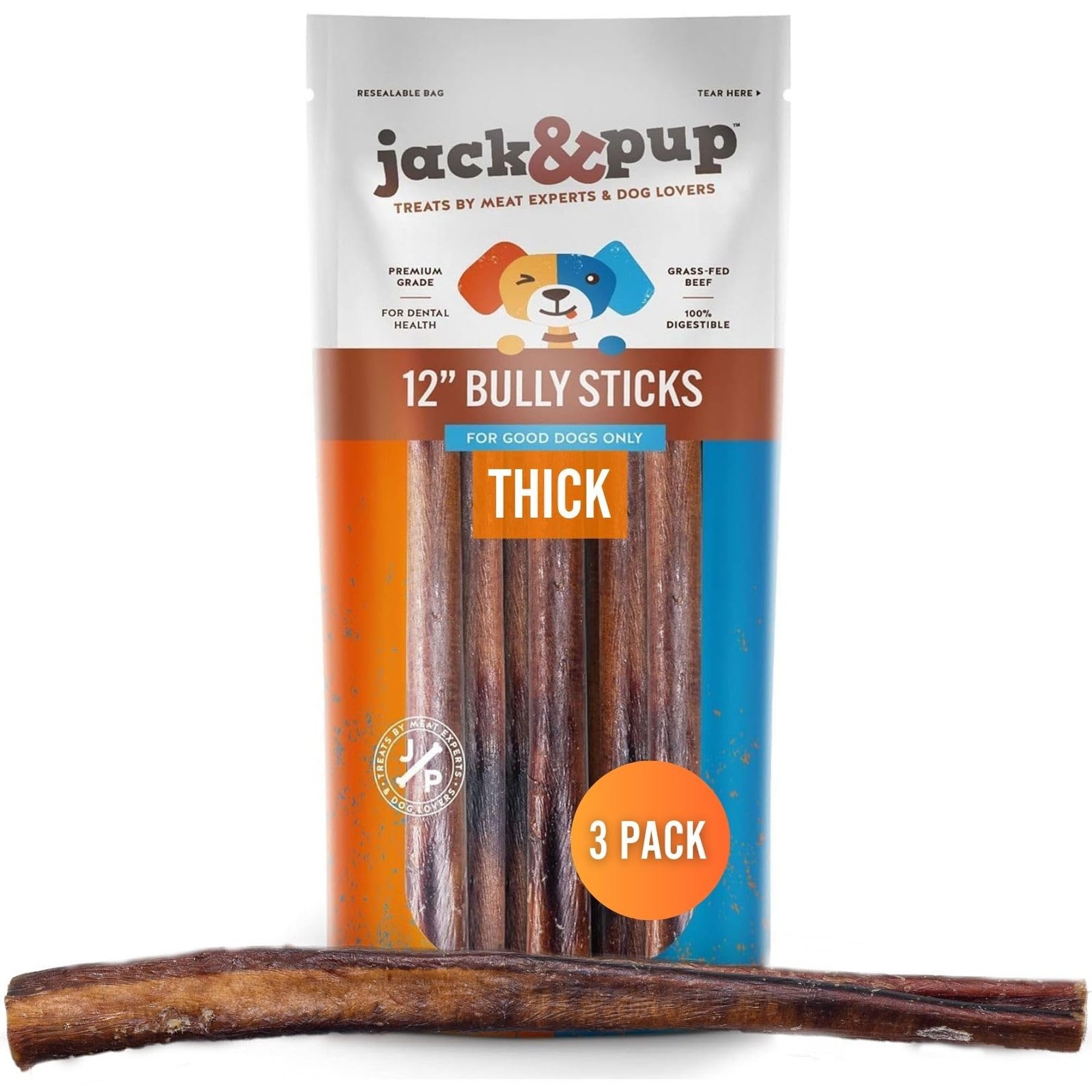 Jack&Pup 12 Inch Bully Sticks for 1.9 Ounce (Pack of 3), Thick