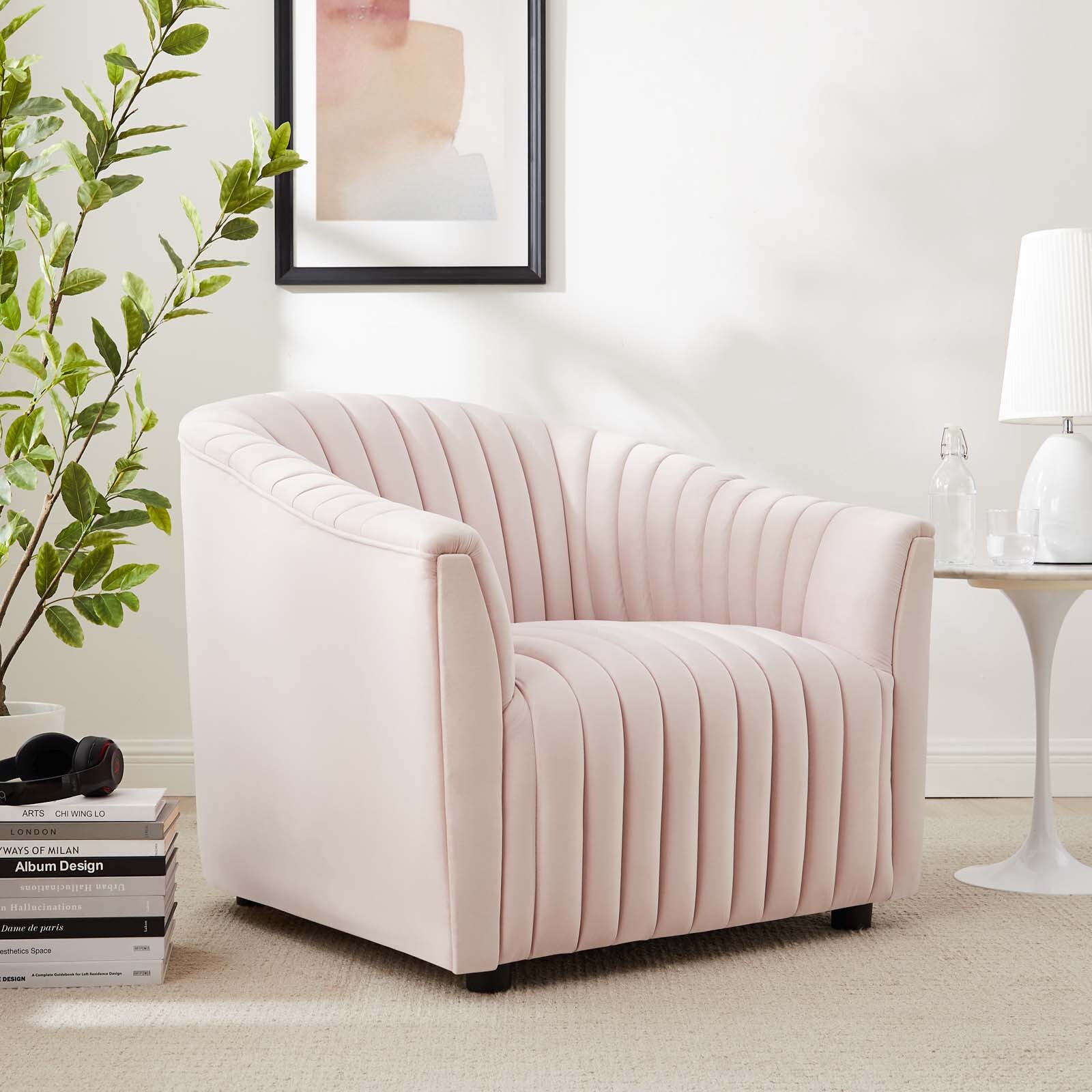 Modway Announce Channel Tufted Performance Velvet Armchair in Pink