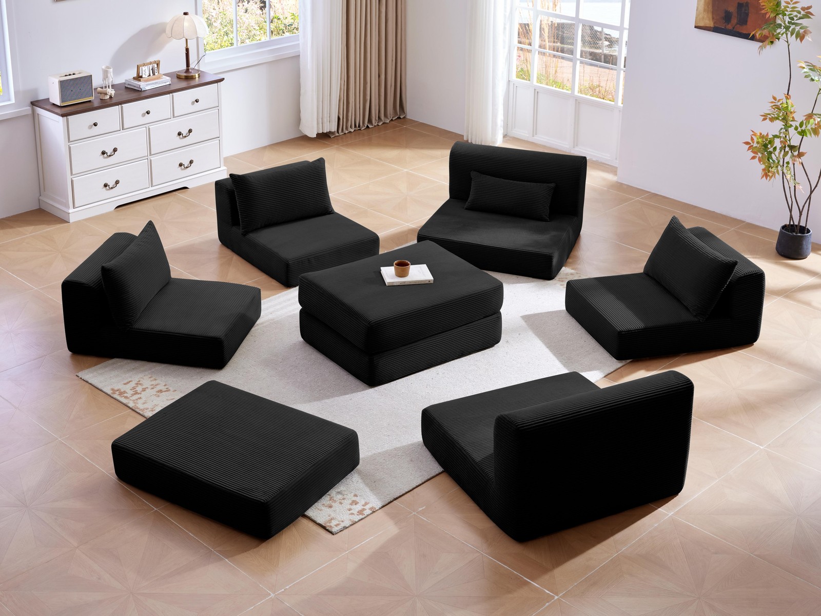 L-Shaped Sectional Sofa Modular Floor Sofa Set 100" with 5 Pillows Black