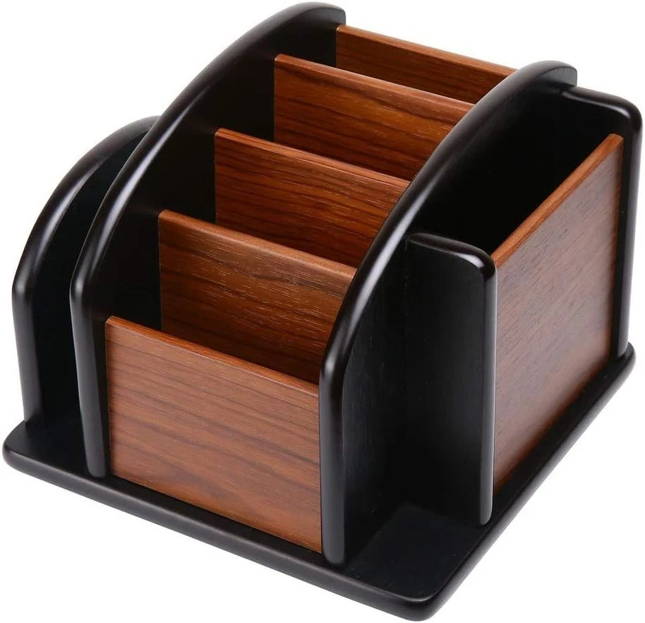 Wooden Desk Organizer, Desktop Office Supplies Storage Remote Control Caddy H...