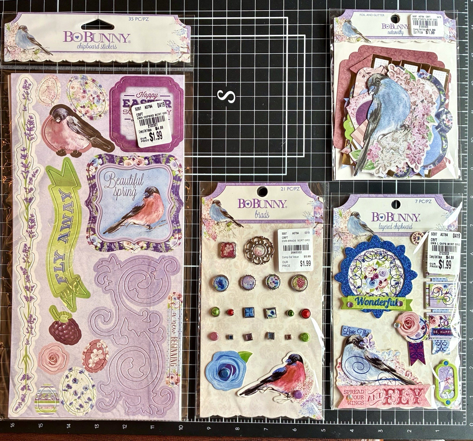 Bo Bunny SECRET GARDEN Spring Easter LOT LAYERED CHIPBOARD, BRADS, NOTEWORTHY