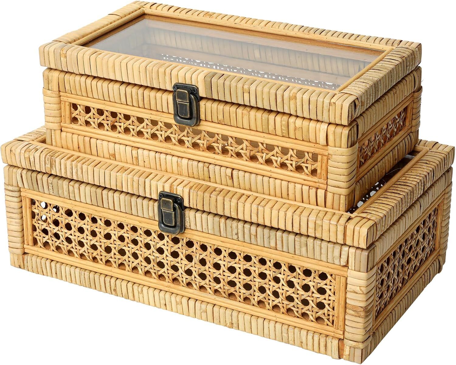 Rattan Strip Stacking Box with Glass Top - Set of 2