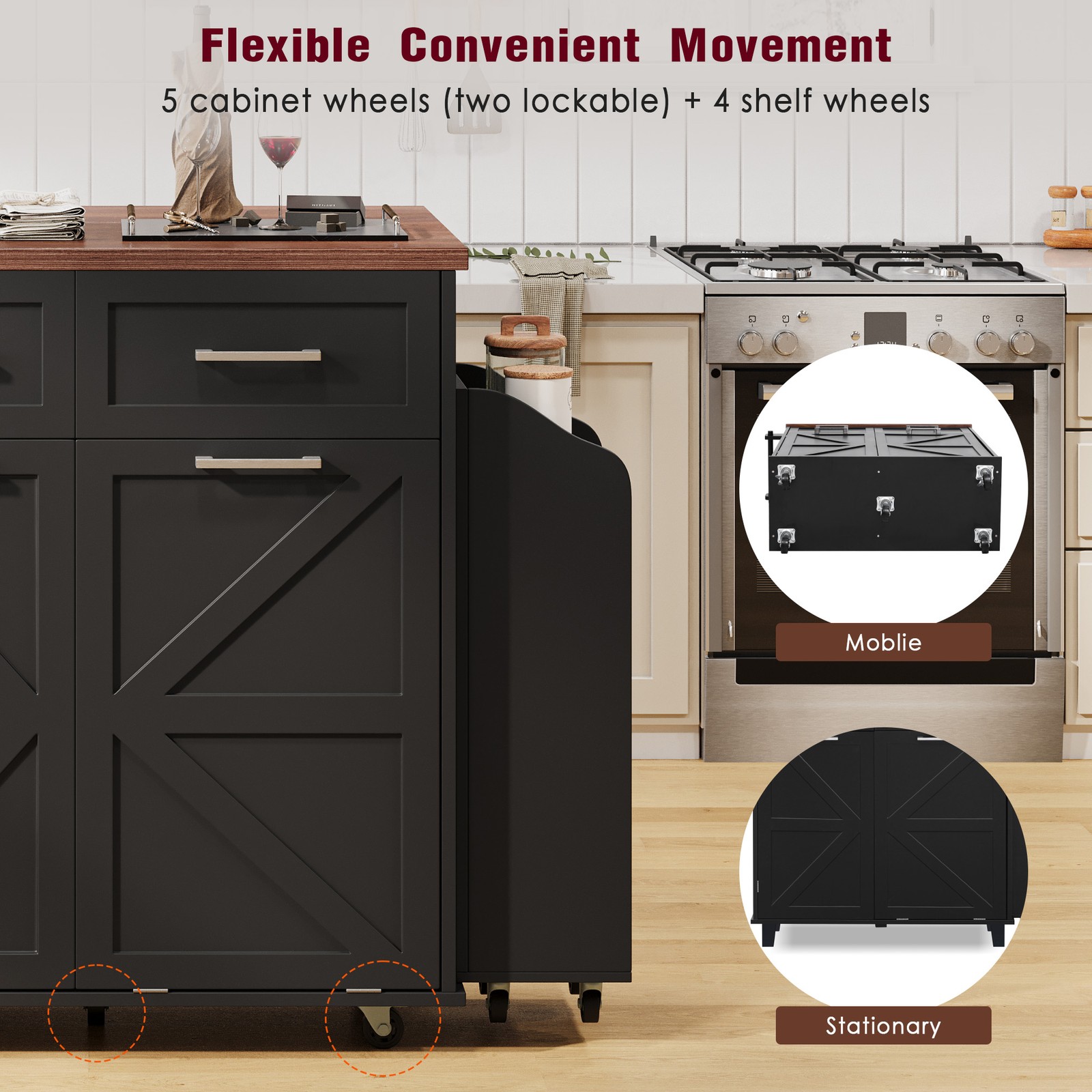 K&K 47.2" Farmhouse Kitchen Island with Drop Leaf, Kitchen Storage Island with