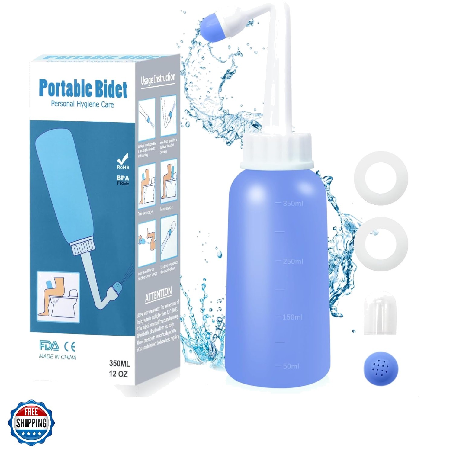 Mini Peri Bottle, 350ml Portable Travel Bidet with Extra Ring and Carry Bag, ...