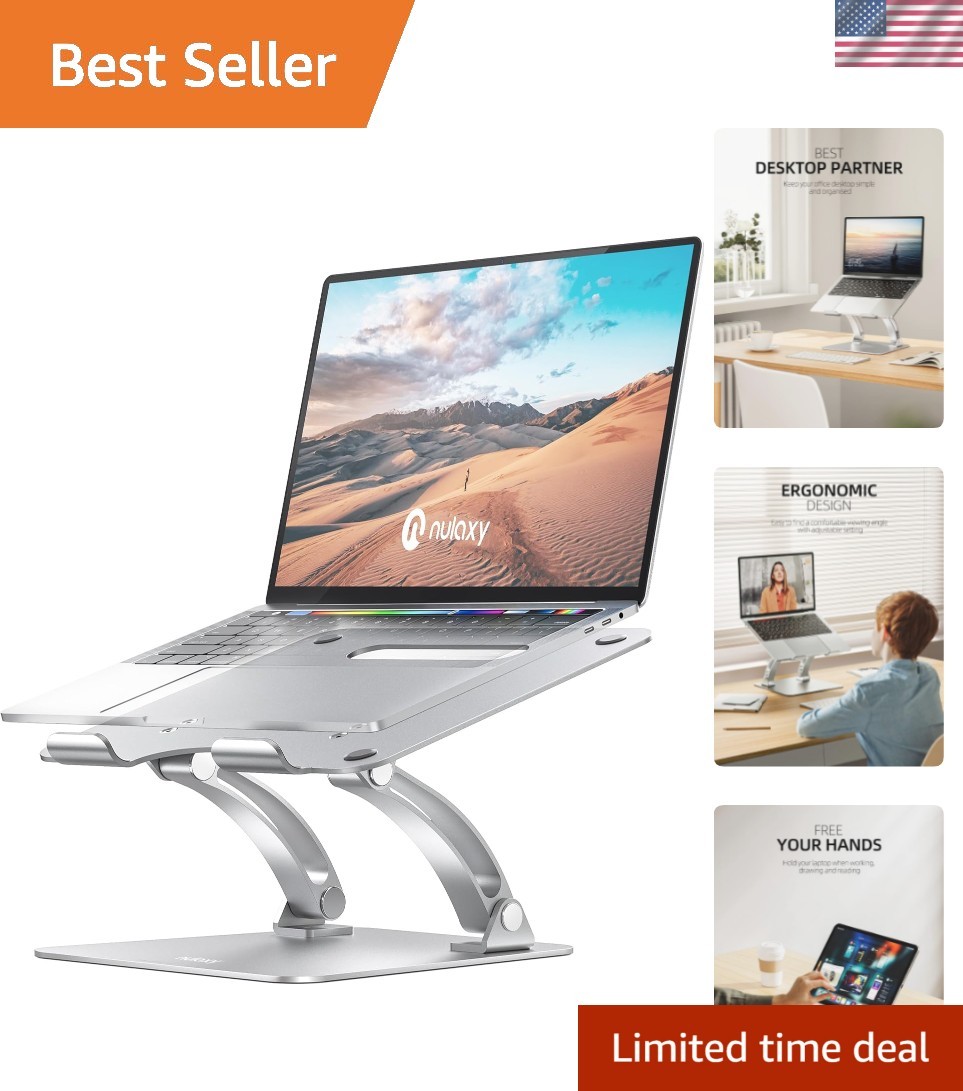 Heavy-Duty Ergonomic Laptop Holder - Silver Adjustable Stand Fits 10-17" Laptops